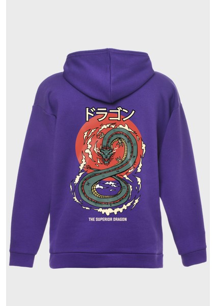 Dragon Sirt Baskili Kapüşonlu Üç Iplik Sweatshirt Oversize Hoodie