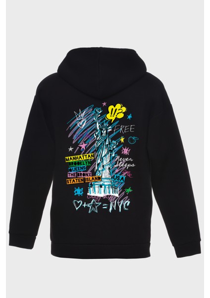 Freedom 2 Sirt Baskili Kapüşonlu Üç Iplik Sweatshirt Oversize Hoodie