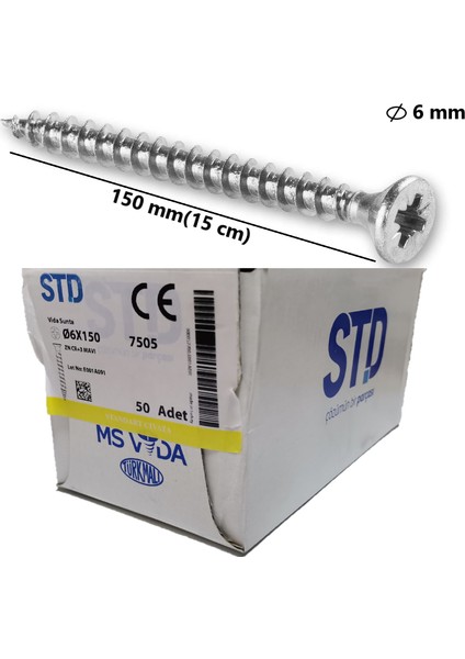 6X150 Sunta ve Ağaç Vidası Paket 50 Adet