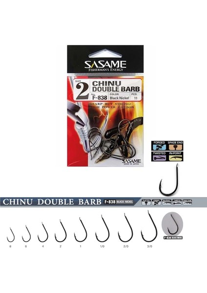 F-838 Chinu Double Barb Black Nickel Iğne #2/0