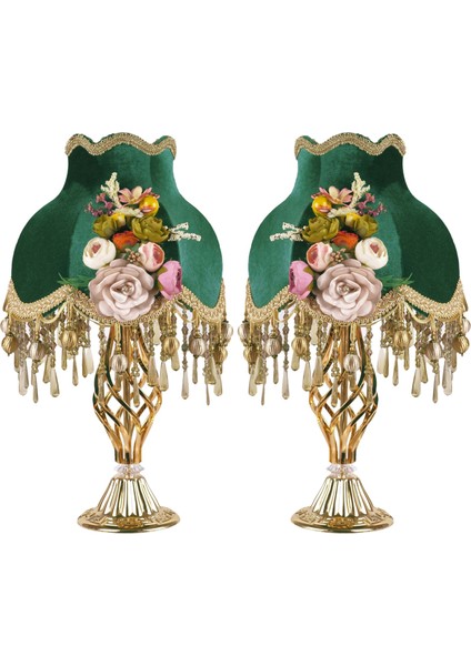 Iki Adet Çiçek Dekorlu Abajur Gold Hürrem Yeşili Klasik Model