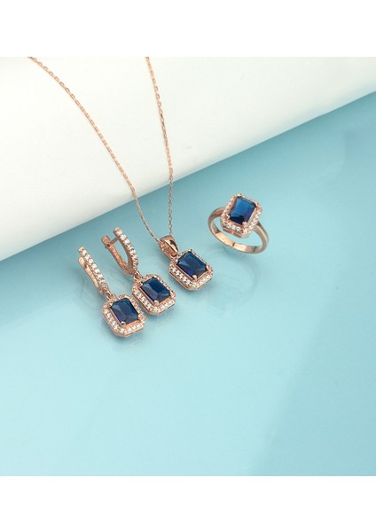 925 Ayar Gümüş Safir Renk Baget Taşlı Set