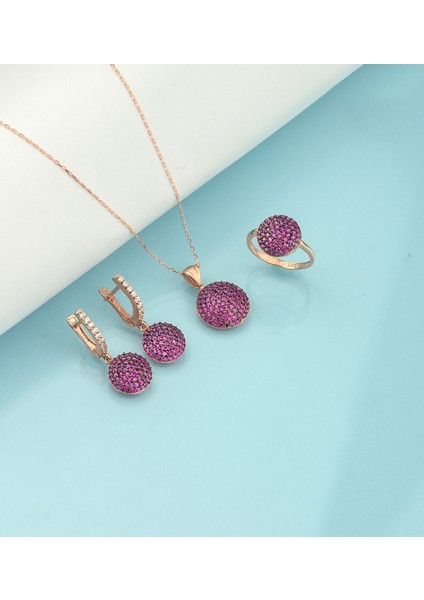 925 Ayar Gümüş Fuşya Taşlı Yuvarlak Set