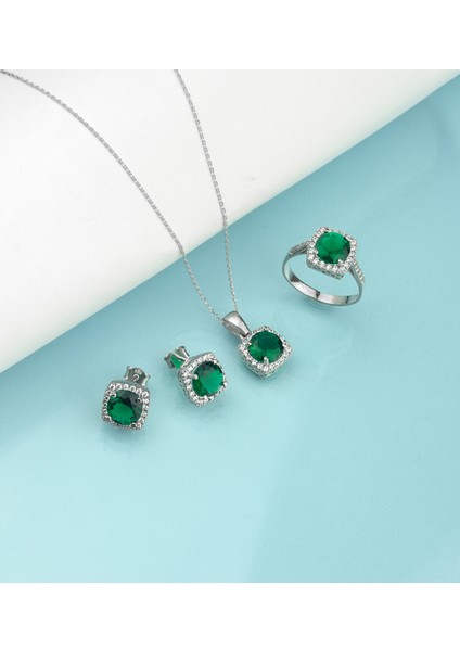 925 Ayar Gümüş Yeşil Taşlı Kare Set