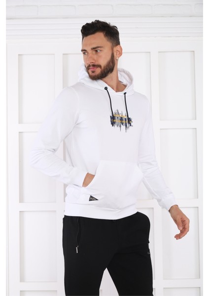 Escetic Spor Erkek Beyaz Cepli, Kapüşonlu Sweatshirt - 0949