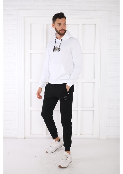 Escetic Spor Erkek Beyaz Cepli, Kapüşonlu Sweatshirt - 0949