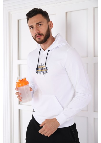 Escetic Spor Erkek Beyaz Cepli, Kapüşonlu Sweatshirt - 0949