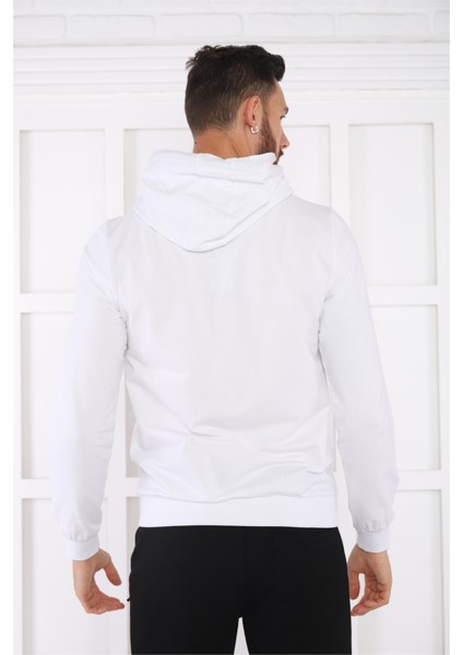 Escetic Spor Erkek Beyaz Cepli, Kapüşonlu Sweatshirt - 0949