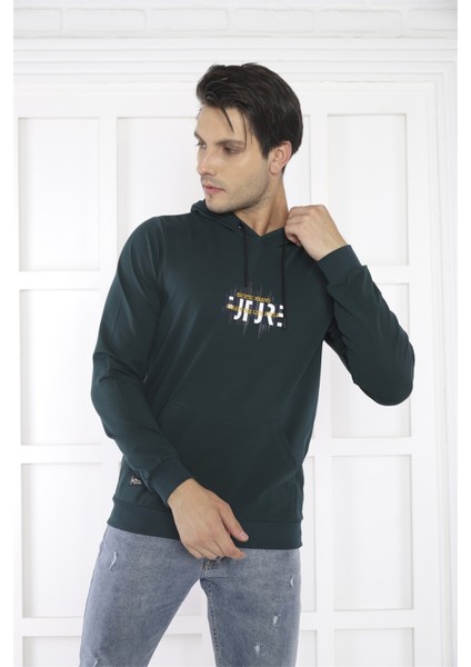 Escetic Spor Erkek Yeşil Cepli, Kapüşonlu Sweatshirt - 0949