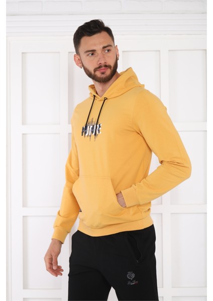 Escetic Spor Erkek Hardal Cepli, Kapüşonlu Sweatshirt - 0949