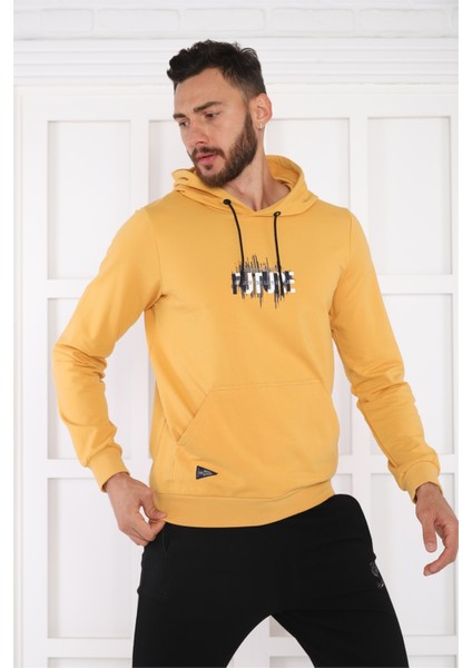 Escetic Spor Erkek Hardal Cepli, Kapüşonlu Sweatshirt - 0949 modelleri