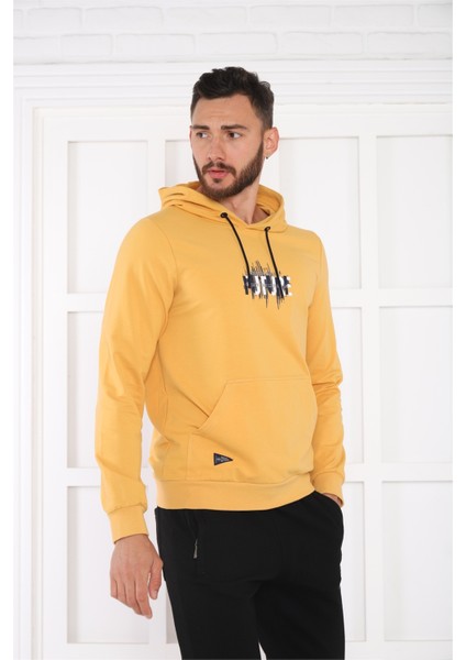 Escetic Spor Erkek Hardal Cepli, Kapüşonlu Sweatshirt - 0949 fırsatları