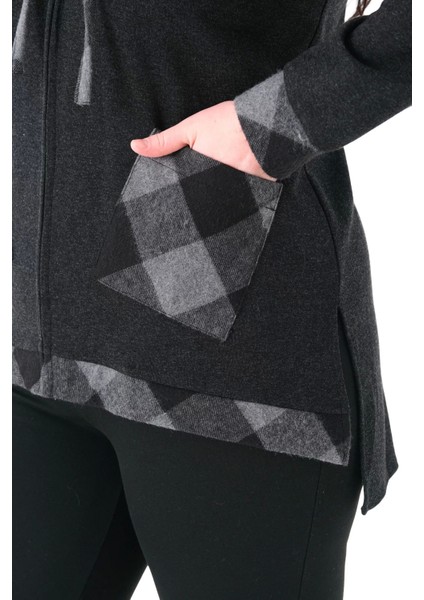 Ekose Kapüşonlu Dokuma Büyük Beden Hırka