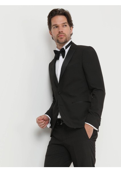 Siyah Desenli Slim Fit Kruvaze Yaka Dokuma Smokin Takım Elbise