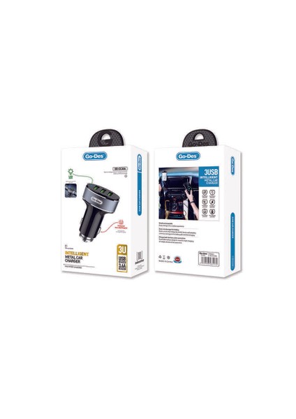 Go Des GD-CC206 3 Usbli LED Işıklı Metal Araç Şarj Başlığı 3.6A