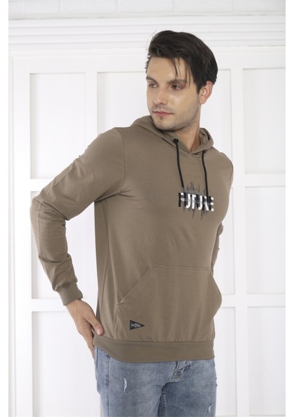Escetic Spor Erkek Haki Cepli, Kapüşonlu Sweatshirt - 0949