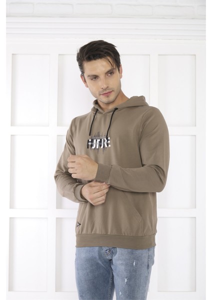 Escetic Spor Erkek Haki Cepli, Kapüşonlu Sweatshirt - 0949 modelleri