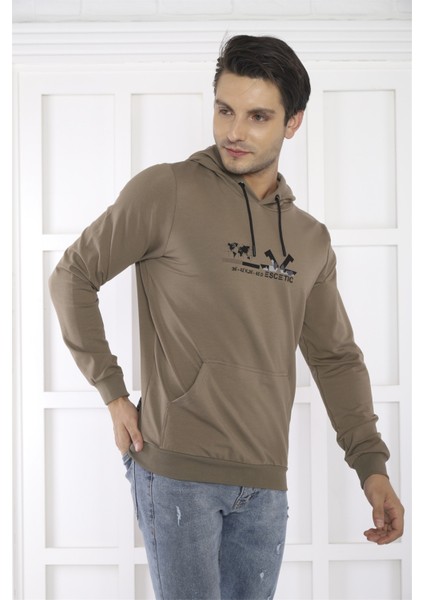 Escetic Spor Erkek Haki Cepli, Kapüşonlu Sweatshirt - 0950