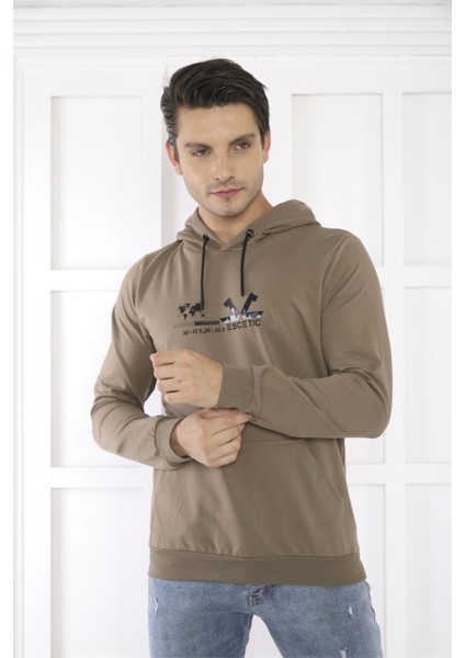 Escetic Spor Erkek Haki Cepli, Kapüşonlu Sweatshirt - 0950