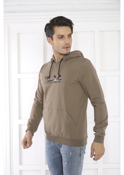 Escetic Spor Erkek Haki Cepli, Kapüşonlu Sweatshirt - 0950