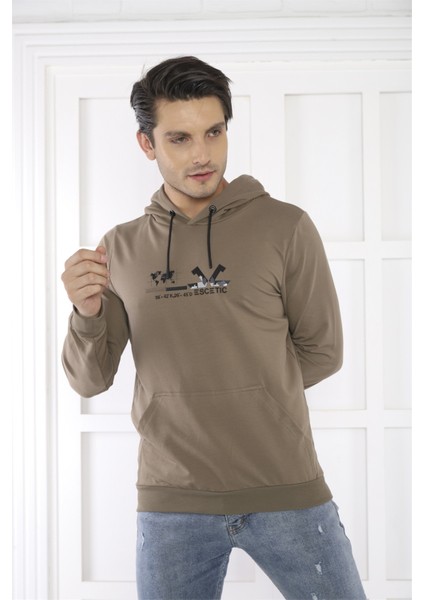 Escetic Spor Erkek Haki Cepli, Kapüşonlu Sweatshirt - 0950