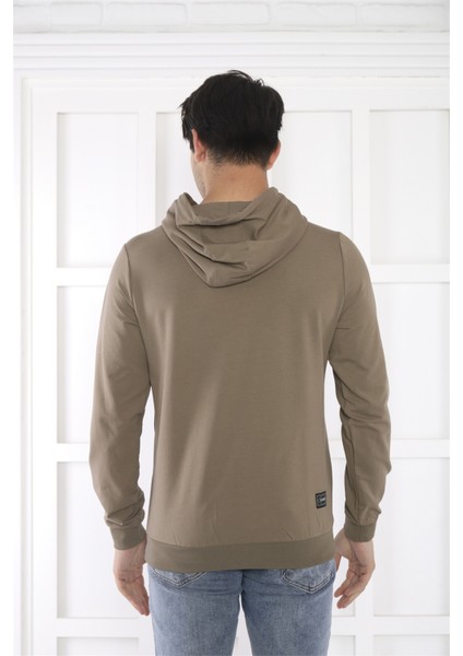 Escetic Spor Erkek Haki Cepli, Kapüşonlu Sweatshirt - 0950