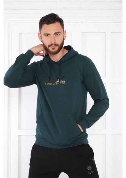 Escetic Spor Erkek Yeşil Cepli, Kapüşonlu Sweatshirt - 0950