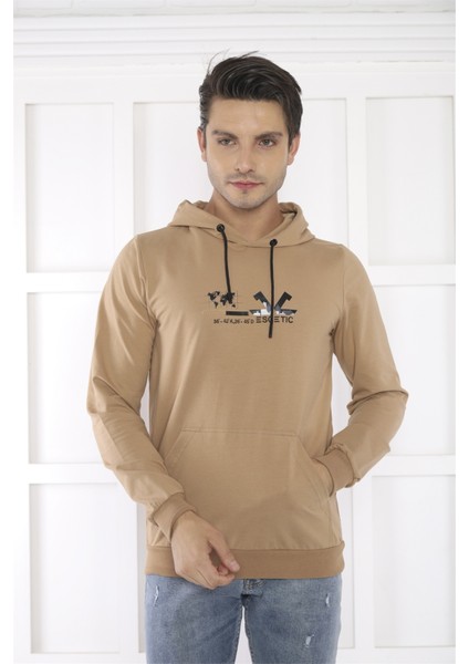 Escetic Spor Erkek Koyu Vizon Cepli, Kapüşonlu Sweatshirt - 0950