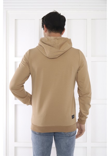 Escetic Spor Erkek Koyu Vizon Cepli, Kapüşonlu Sweatshirt - 0950