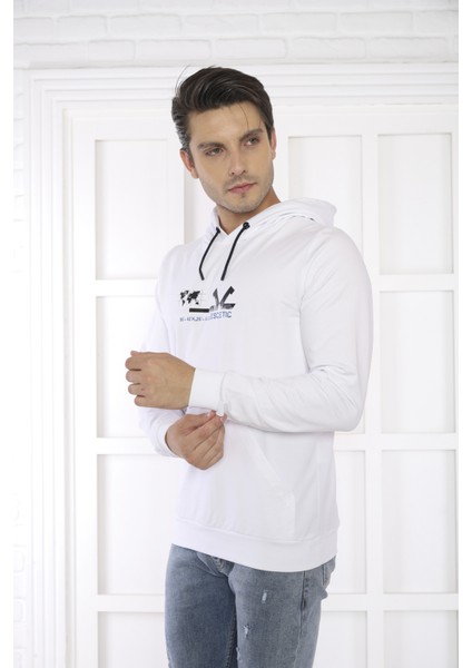 Escetic Spor Erkek Beyaz Cepli, Kapüşonlu Sweatshirt - 0950