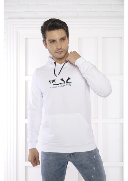 Escetic Spor Erkek Beyaz Cepli, Kapüşonlu Sweatshirt - 0950