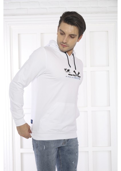 Escetic Spor Erkek Beyaz Cepli, Kapüşonlu Sweatshirt - 0950