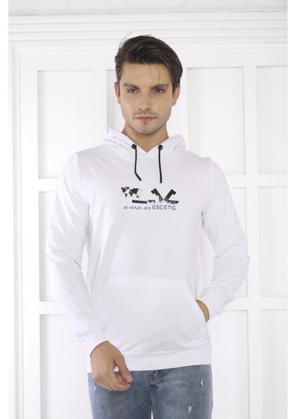 Escetic Spor Erkek Beyaz Cepli, Kapüşonlu Sweatshirt - 0950