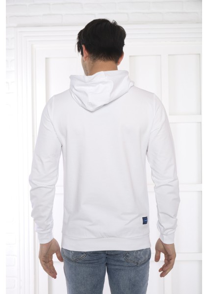 Escetic Spor Erkek Beyaz Cepli, Kapüşonlu Sweatshirt - 0950