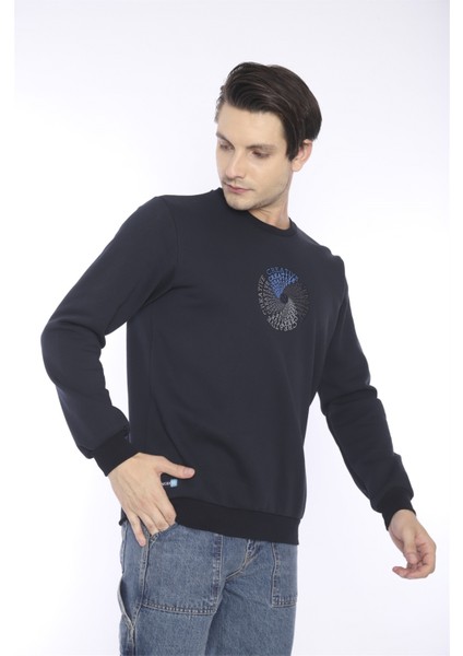 Escetic Erkek Spor Slimfit, Bisiklet Yaka Lacivert Sweatshirt - 0939