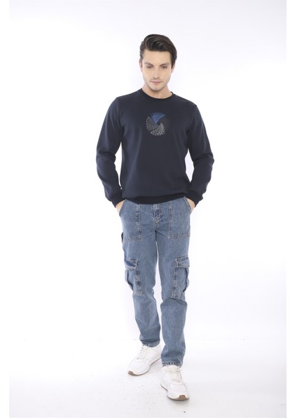 Escetic Erkek Spor Slimfit, Bisiklet Yaka Lacivert Sweatshirt - 0939