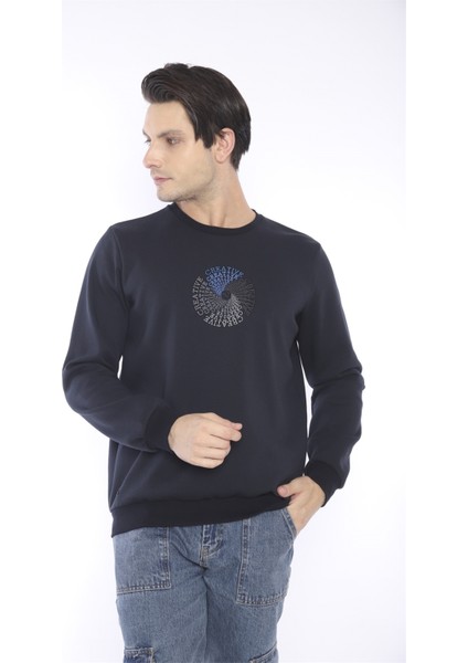 Escetic Erkek Spor Slimfit, Bisiklet Yaka Lacivert Sweatshirt - 0939
