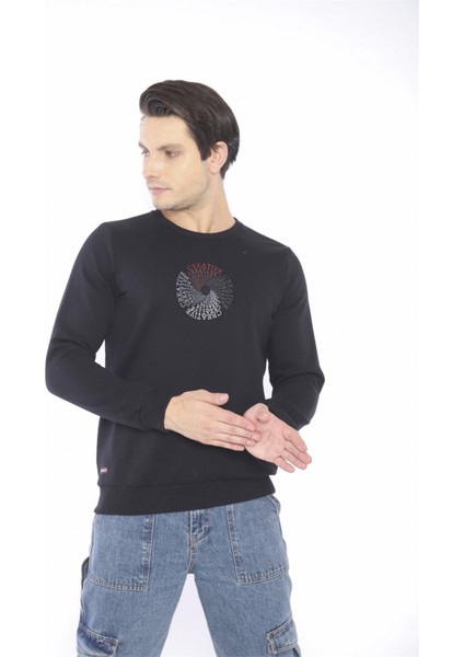 Escetic Erkek Spor Slimfit, Bisiklet Yaka Siyah Sweatshirt - 0939