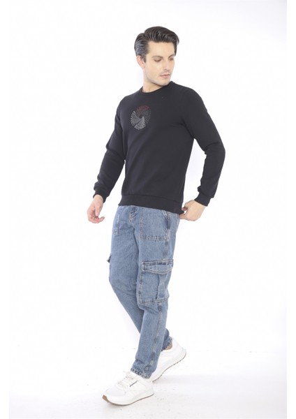 Escetic Erkek Spor Slimfit, Bisiklet Yaka Siyah Sweatshirt - 0939 modelleri