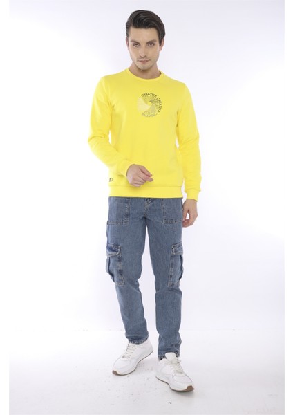 Escetic Erkek Spor Slimfit, Bisiklet Yaka Sarı Sweatshirt - 0939