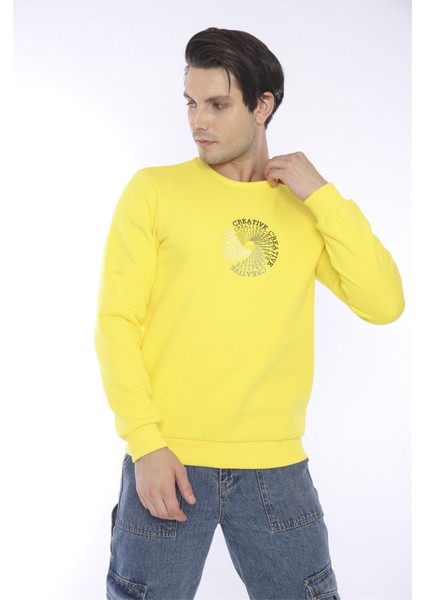 Escetic Erkek Spor Slimfit, Bisiklet Yaka Sarı Sweatshirt - 0939