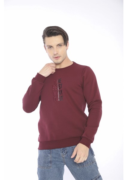 Escetic Erkek Spor Slimfit, Bisiklet Yaka Bordo Sweatshirt - 0940
