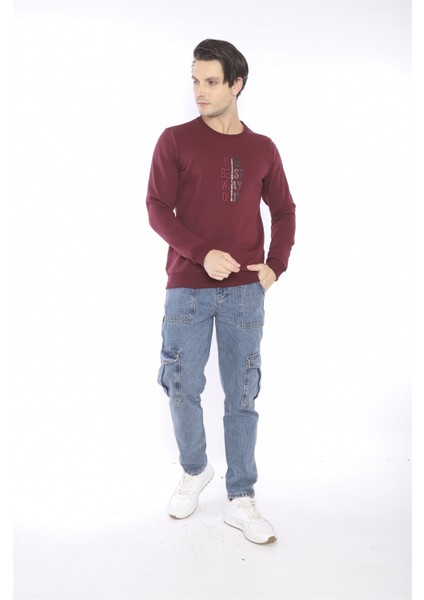 Escetic Erkek Spor Slimfit, Bisiklet Yaka Bordo Sweatshirt - 0940