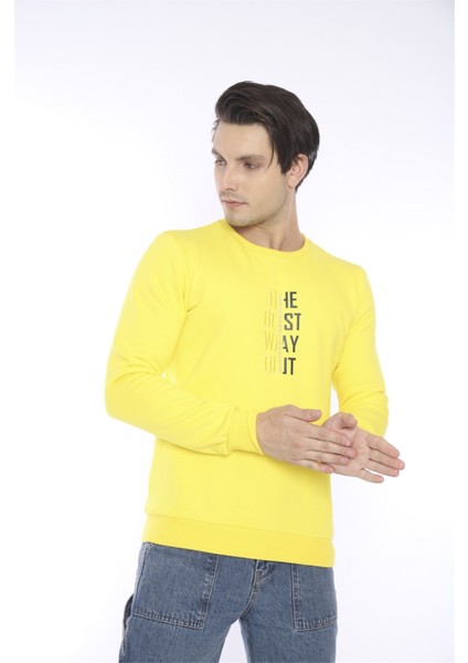 Escetic Erkek Spor Slimfit, Bisiklet Yaka Sarı Sweatshirt - 0940