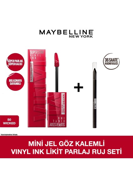 Maybelline Mini Jel Göz Kalemli Vinyl Ink Uzun Süre Kalıcı Likit Parlak Ruj Seti - 50 Wicked