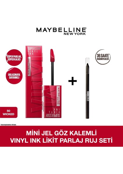 Maybelline Mini Jel Göz Kalemli Vinyl Ink Uzun Süre Kalıcı Likit Parlak Ruj Seti - 50 Wicked