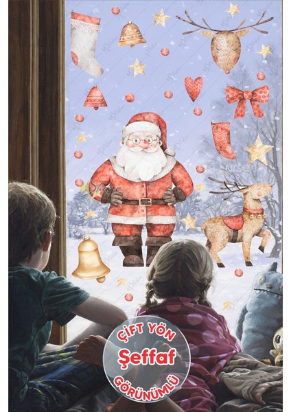 Yılbaşı Noel Babalı Cam Duvar Süsü, Yeni Yıl Geyik Yıldızlar ve Santa Claus Sticker Seti