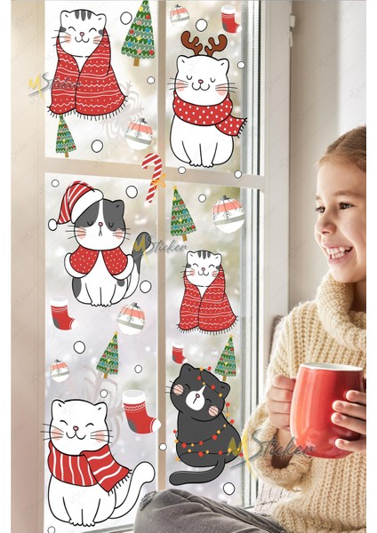 Yılbaşı Sevimli Kedileri Yeni Yıl Kedileri Cam Kapı Duvar Sticker Seti, Yılbaşı Süsü