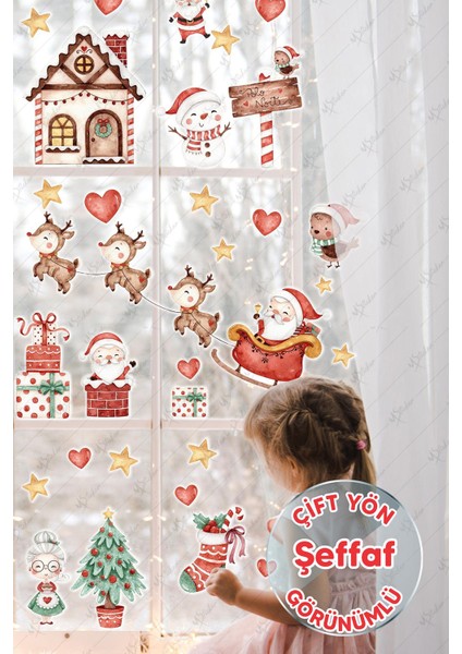 Yılbaşı Kış Evi Kardan Adam ve Noel Baba Kış Figürleri Kalpler ve Yıldızlar Yeni Yıl Sticker Seti - Şeffaf