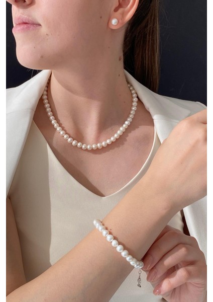 BIRINCI1926 925 Ayar Gümüş Kadın Sıralı Inci Kolye Bileklik Küpe Set